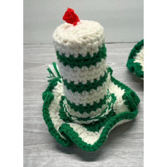 Vtg 70s Crocheted Christmas Candles With Flames Lot of 2 Green White Handmade - Picture 5 of 9